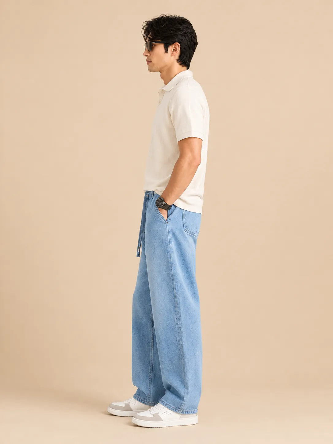 Men light blue drawstring jeans thumbnail 2