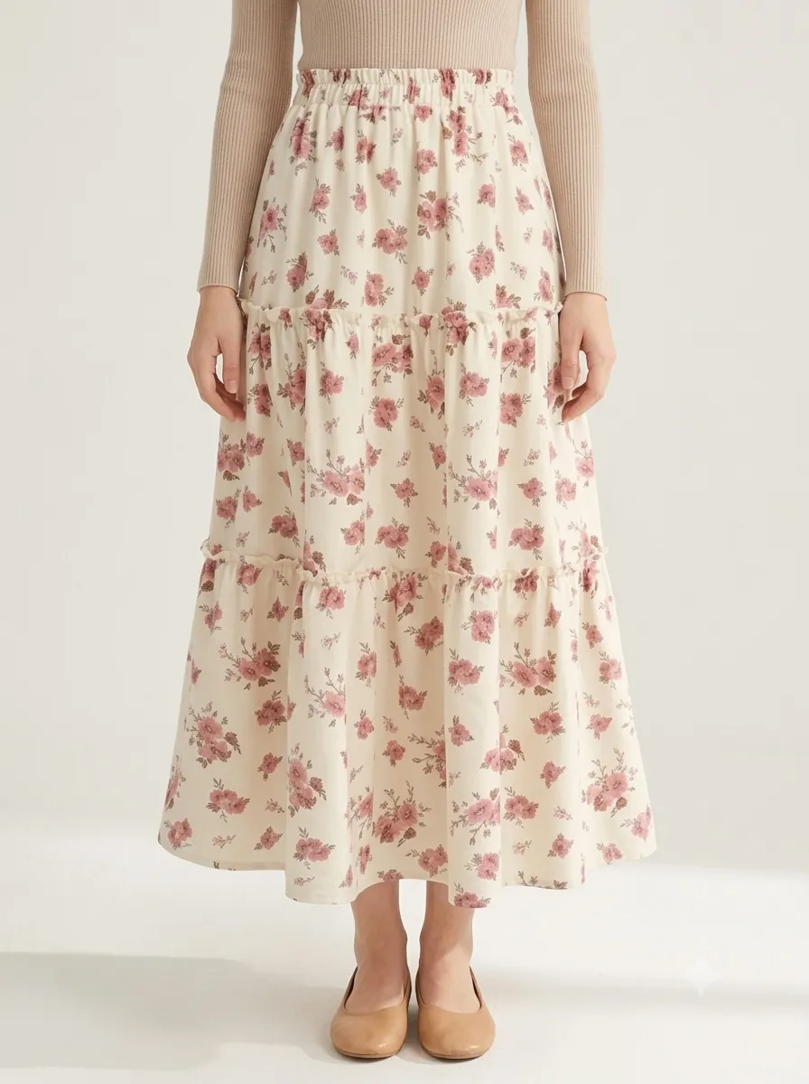 Women Floral Printed Tiered Maxi Skirt thumbnail 2