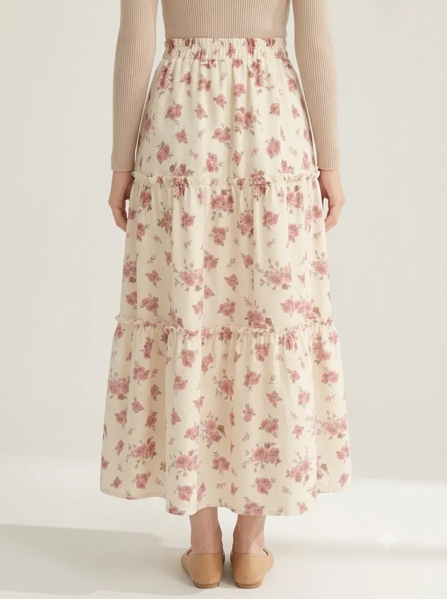 Women Floral Printed Tiered Maxi Skirt thumbnail 3
