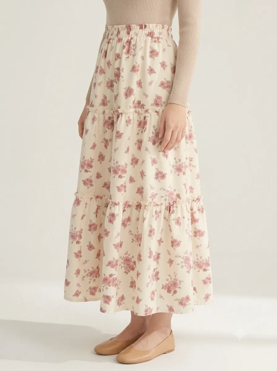 Women Floral Printed Tiered Maxi Skirt thumbnail 4