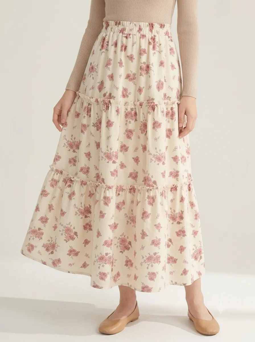 Women Floral Printed Tiered Maxi Skirt thumbnail 5