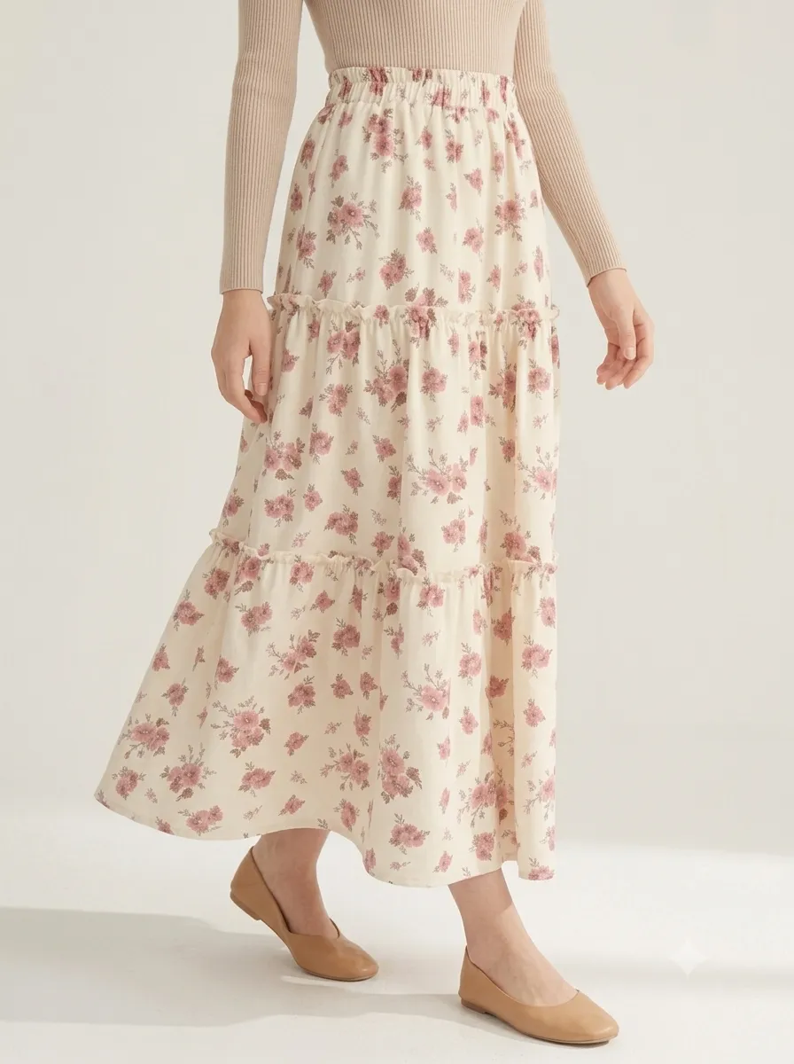 Women Floral Printed Tiered Maxi Skirt thumbnail 6