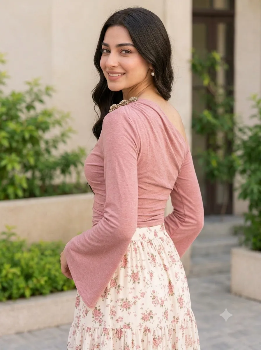 Women’s Pink One Shoulder Ruched Crop Top | Full Sleeve Stylish Party Wear Top thumbnail 5