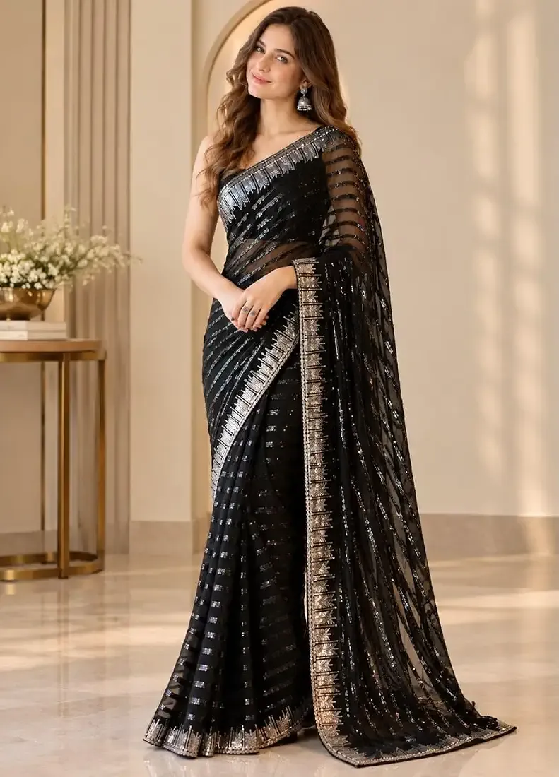 Womens Black Georgette Saree with Shimmering Sequence Work and Embellished Border  With Blouse Piece thumbnail 2