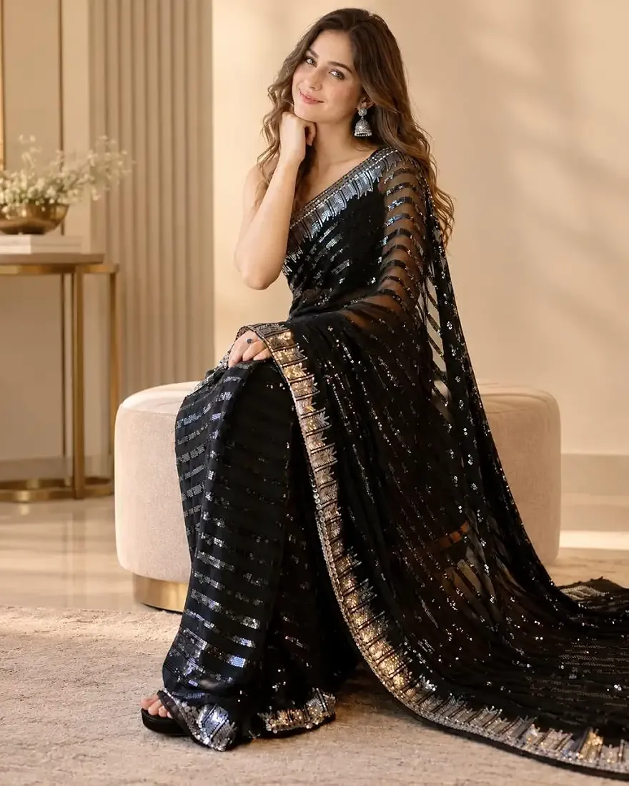 Womens Black Georgette Saree with Shimmering Sequence Work and Embellished Border  With Blouse Piece thumbnail 3