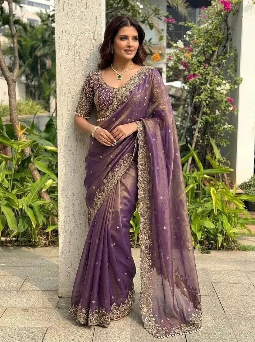 Women's Organza Silk Saree with Unstitched Blouse Piece Heavy Embroidery Work and Floral Pattern thumbnail 2