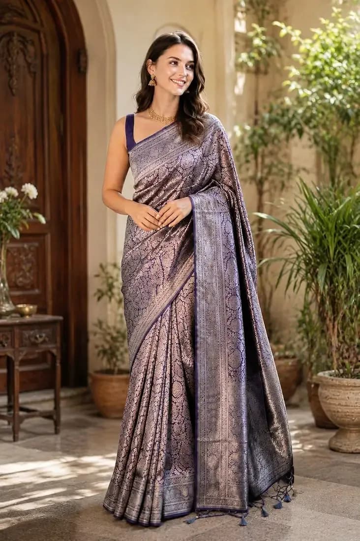 Womens Trendy Banarasi Jacquard Saree with Unstitched Blouse Piece thumbnail 2