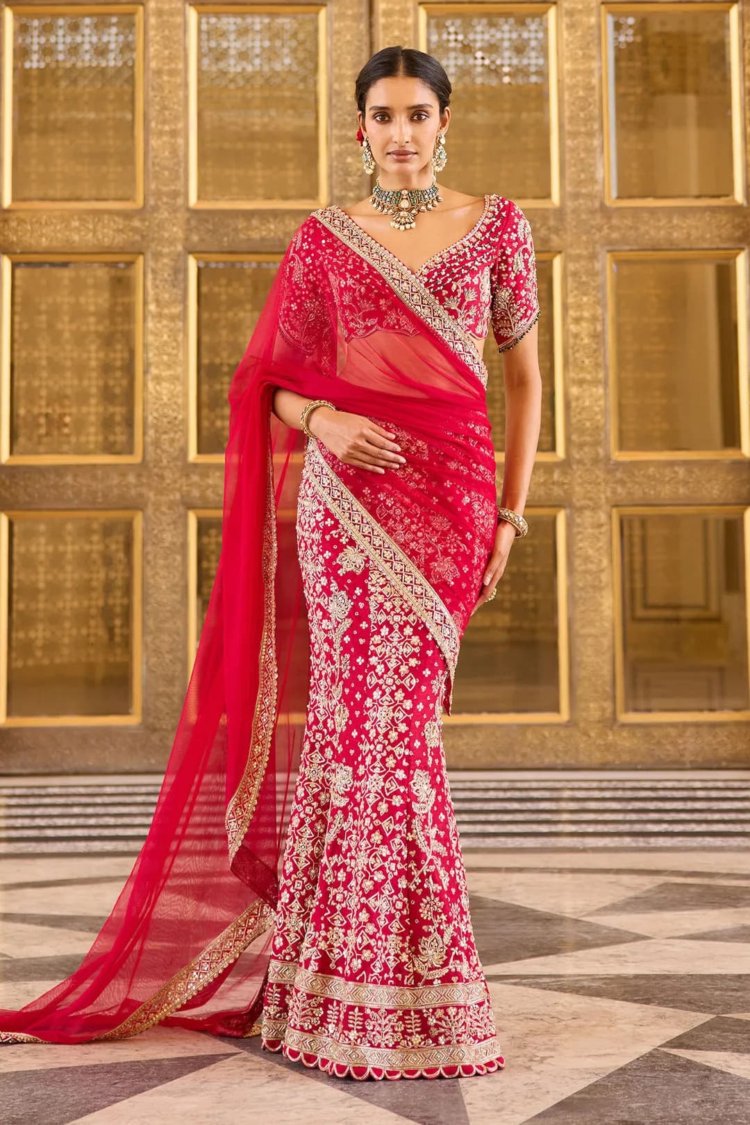 Silk printed embroidered skirt and blouse paired with net dupatta thumbnail 2