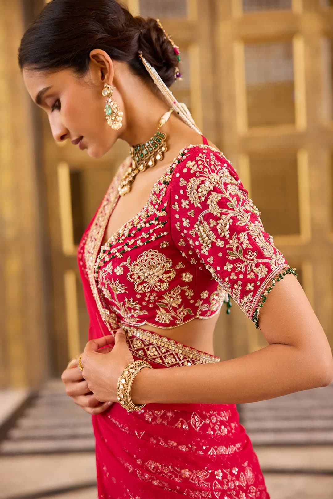 Silk printed embroidered skirt and blouse paired with net dupatta thumbnail 3