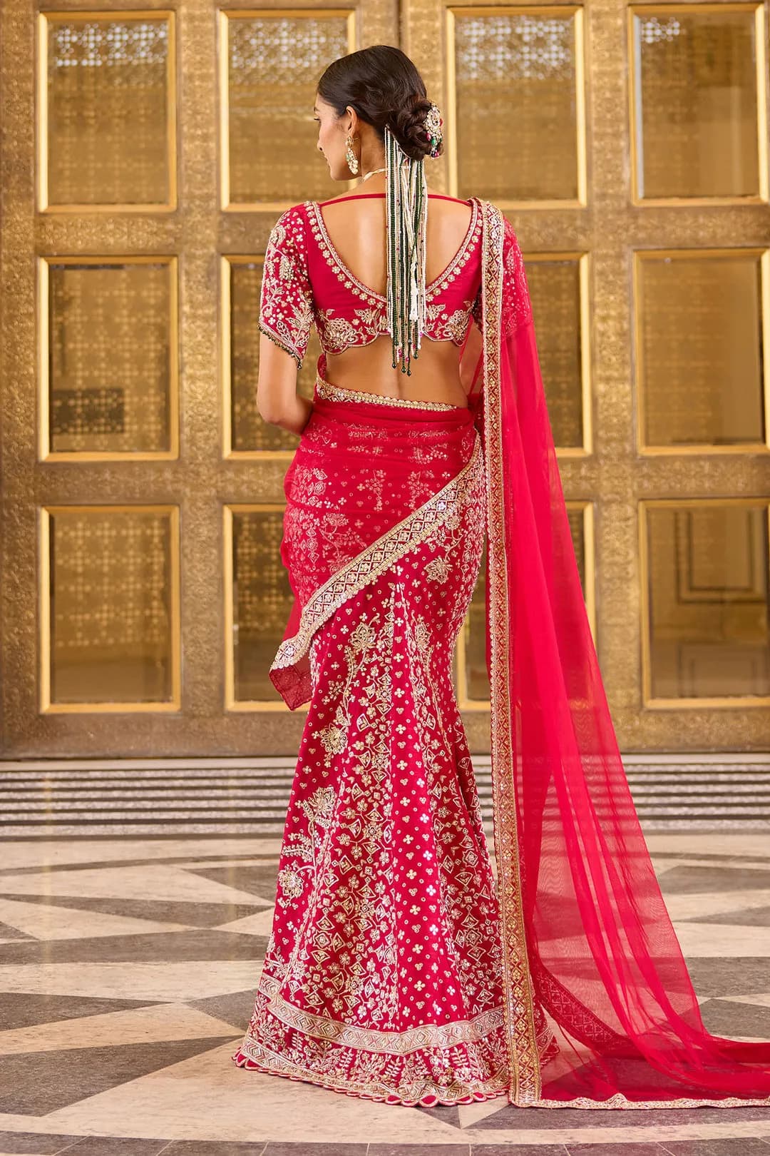 Silk printed embroidered skirt and blouse paired with net dupatta thumbnail 4