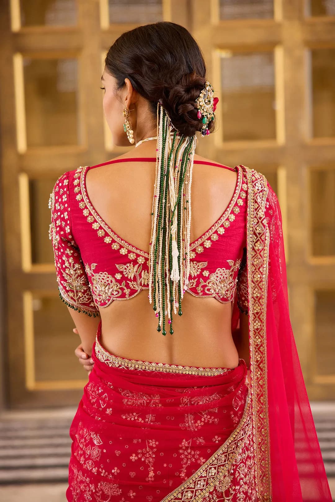 Silk printed embroidered skirt and blouse paired with net dupatta thumbnail 5