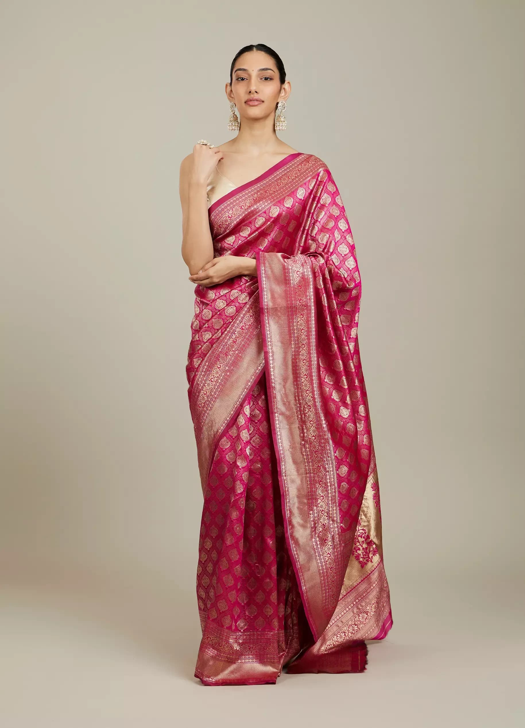 Women’s Pink Banarasi Zari Woven Silk Saree with Unstitched Blouse thumbnail 2