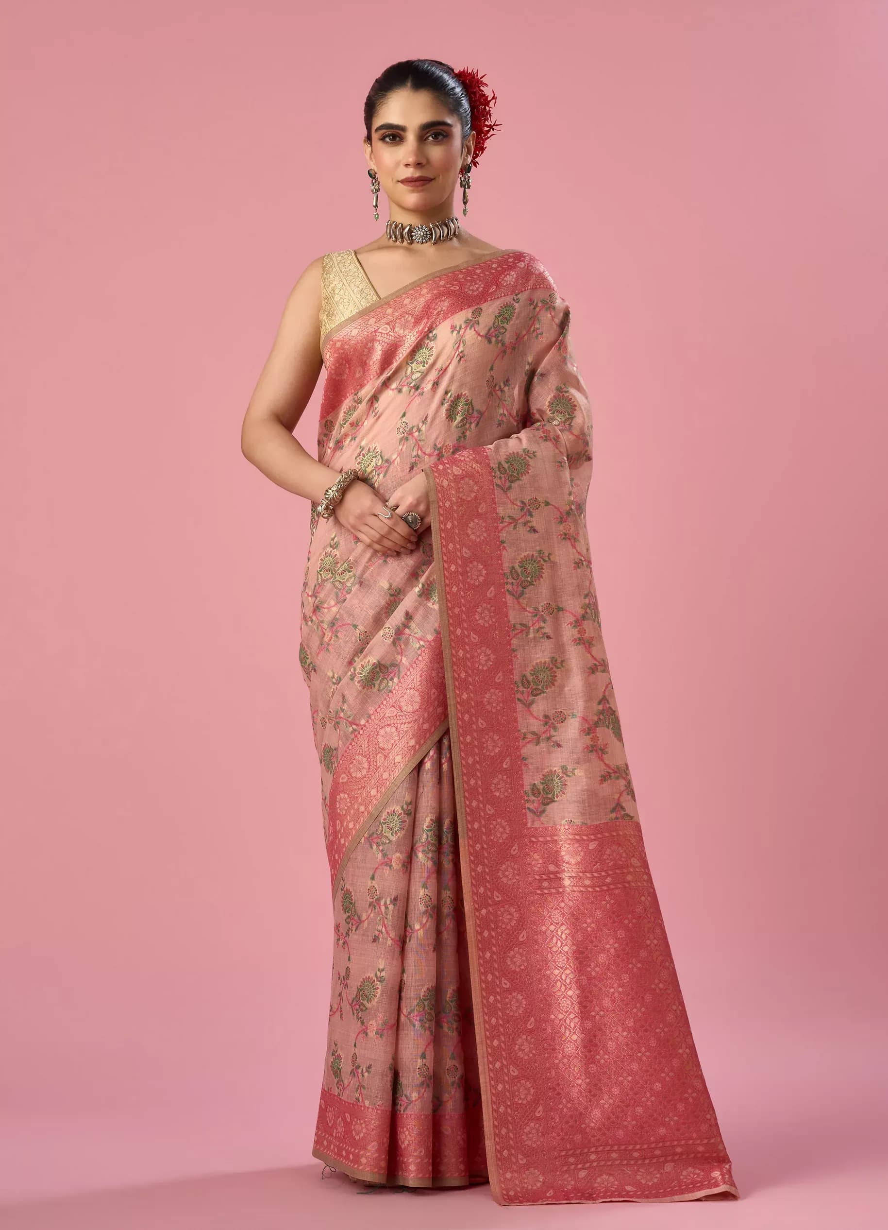 Women’s Peach Pink Floral Printed Zari Border Saree with Blouse Piece thumbnail 2