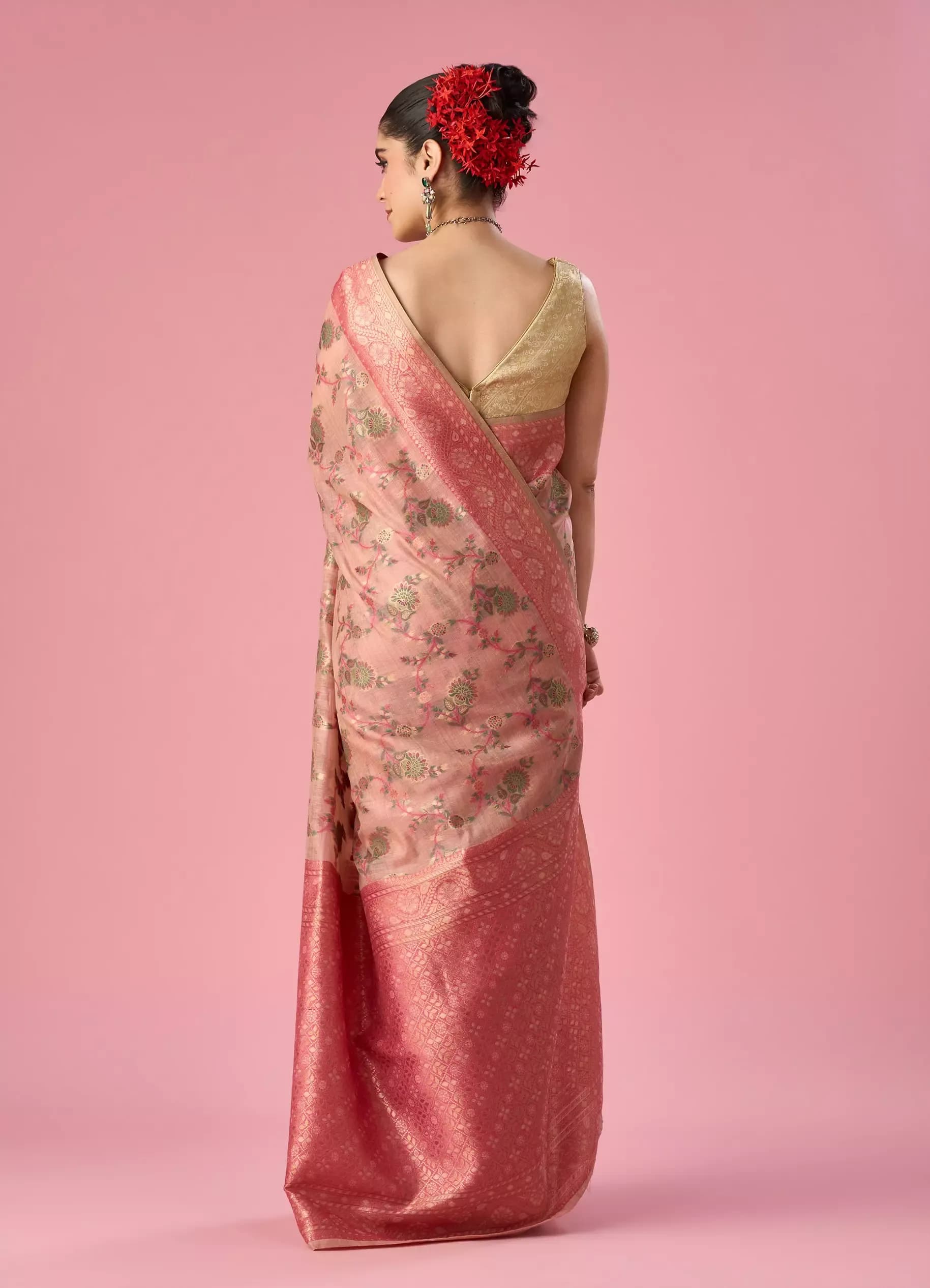 Women’s Peach Pink Floral Printed Zari Border Saree with Blouse Piece thumbnail 3
