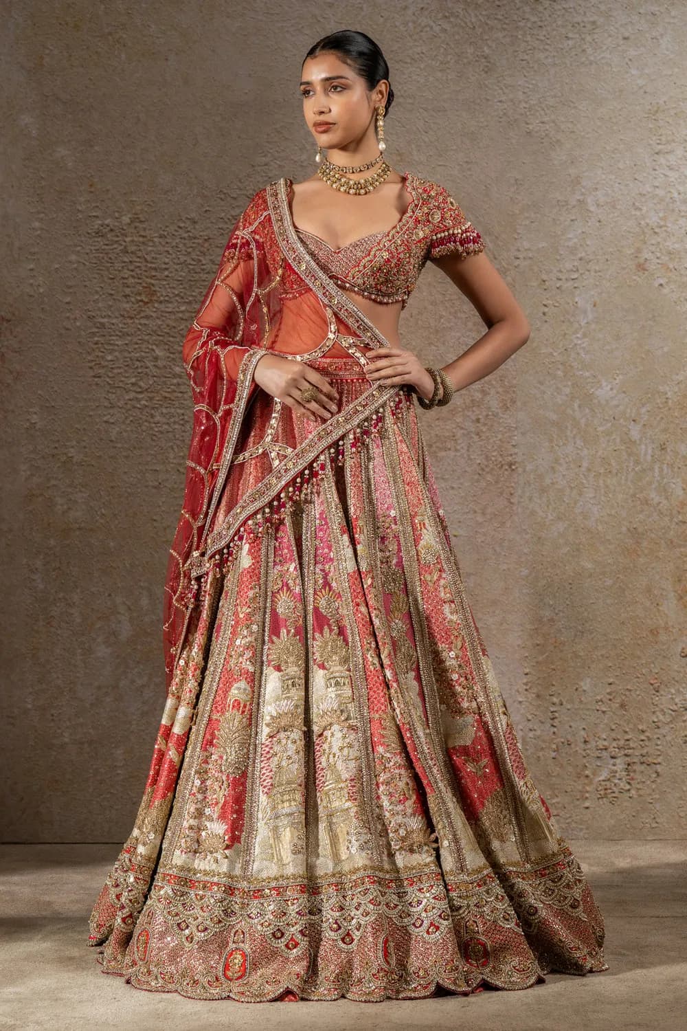 Women’s Red Peach Heavy Embroidered Bridal Lehenga Choli with Dupatta thumbnail 2