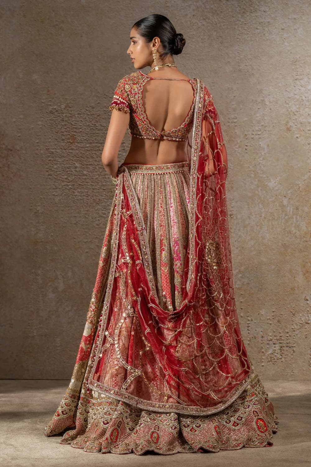 Women’s Red Peach Heavy Embroidered Bridal Lehenga Choli with Dupatta thumbnail 3