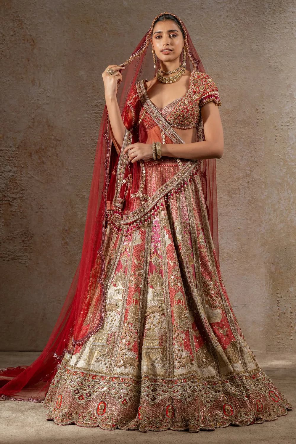 Women’s Red Peach Heavy Embroidered Bridal Lehenga Choli with Dupatta thumbnail 4