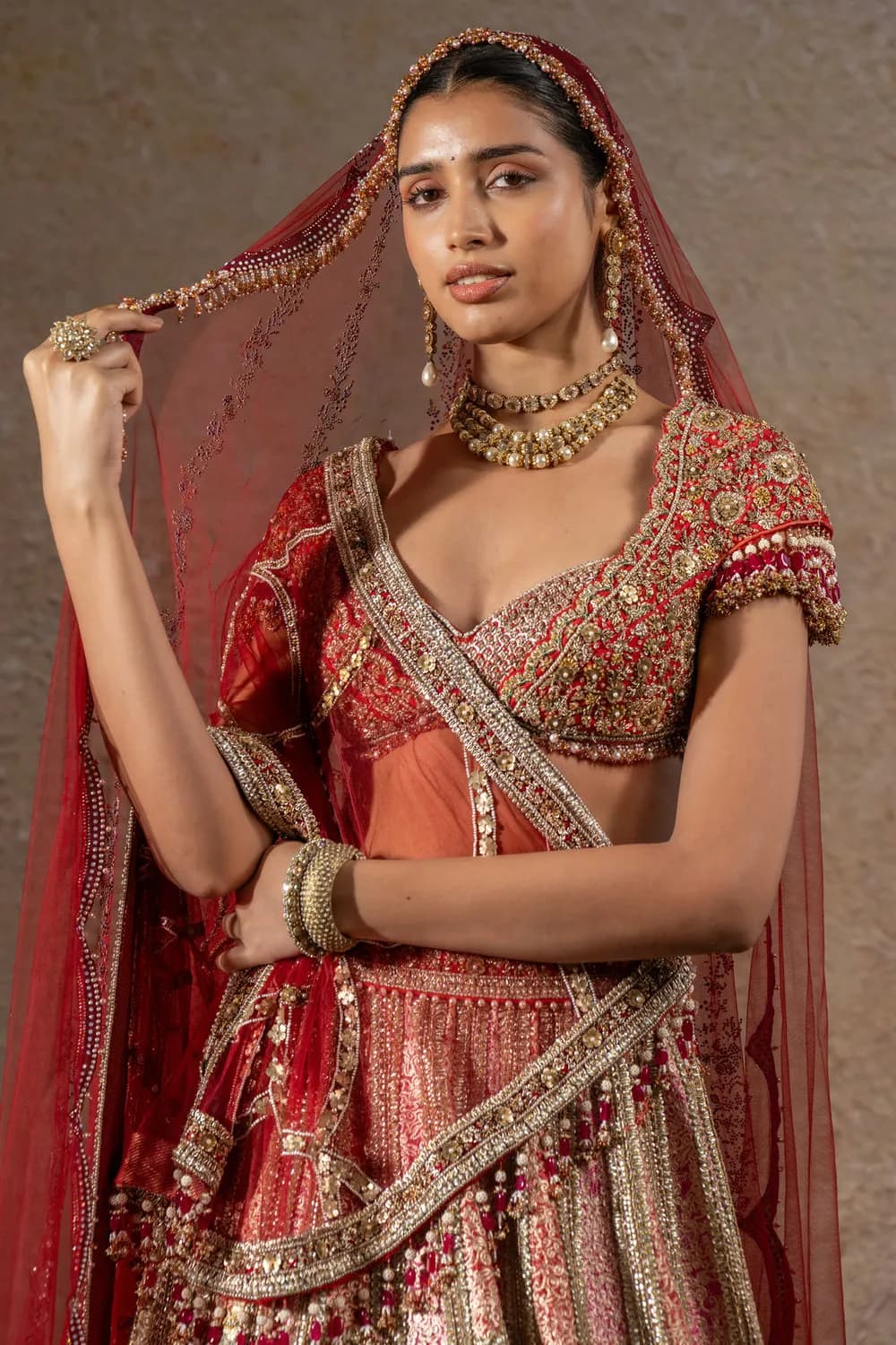 Women’s Red Peach Heavy Embroidered Bridal Lehenga Choli with Dupatta thumbnail 5