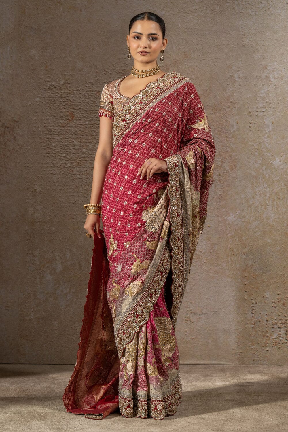 Women’s Maroon Heavy Embroidered Designer Bridal Saree with Blouse thumbnail 3