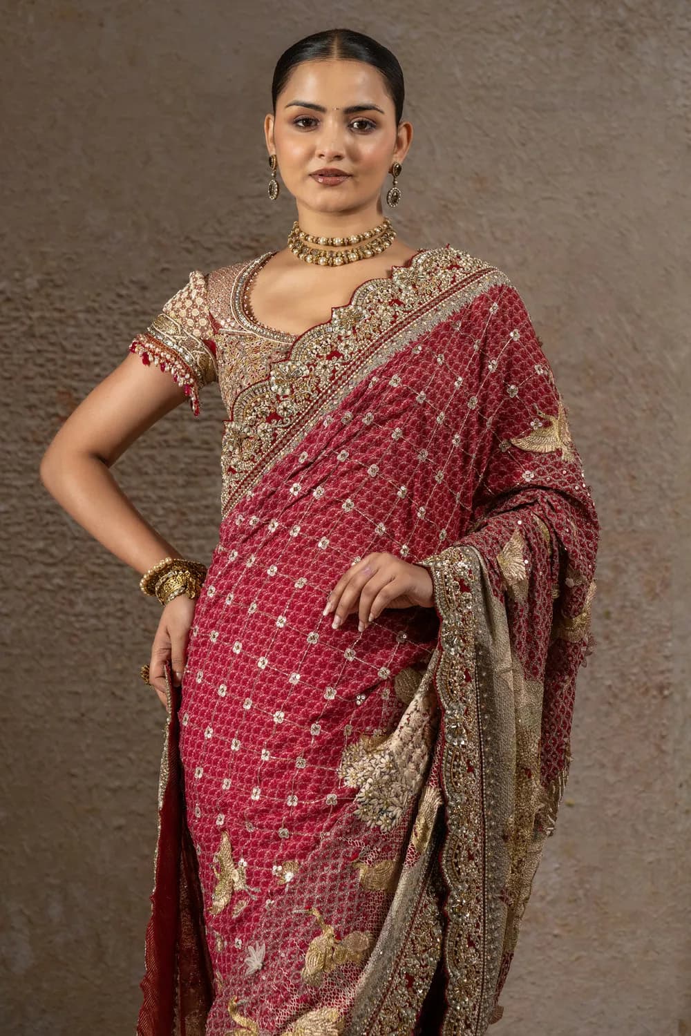 Women’s Maroon Heavy Embroidered Designer Bridal Saree with Blouse thumbnail 2