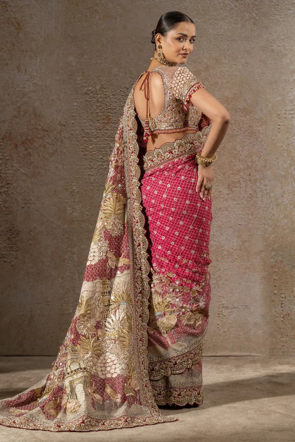 Women’s Maroon Heavy Embroidered Designer Bridal Saree with Blouse thumbnail 4
