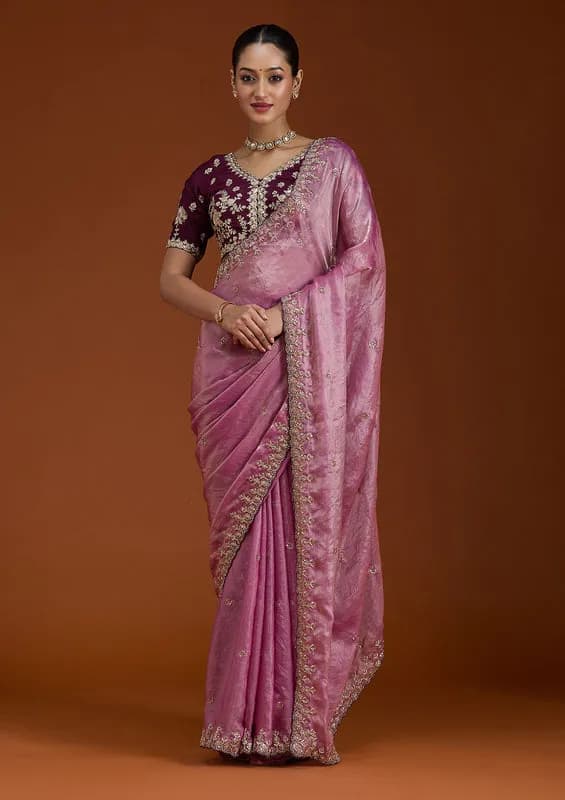 Onion Pink Tissue Sequins Saree With Matching Blouse Piece thumbnail 3