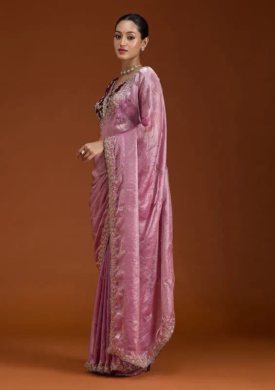 Onion Pink Tissue Sequins Saree With Matching Blouse Piece thumbnail 2