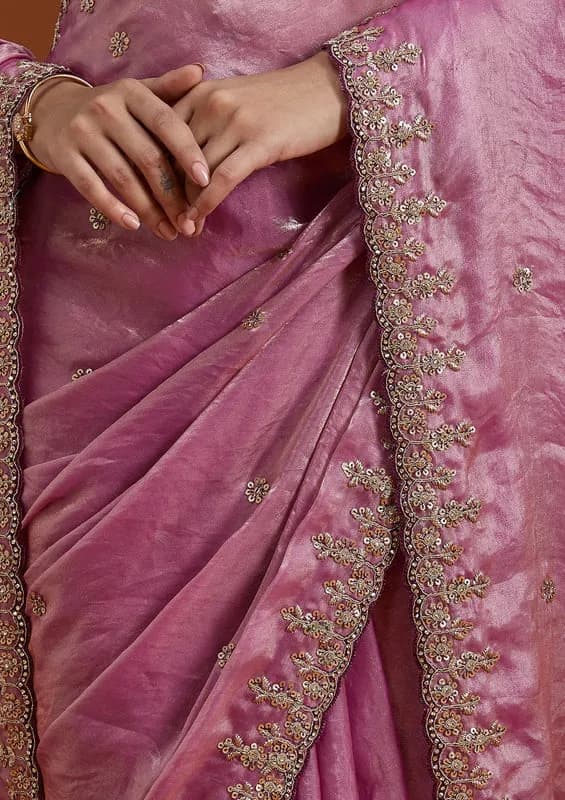 Onion Pink Tissue Sequins Saree With Matching Blouse Piece thumbnail 4