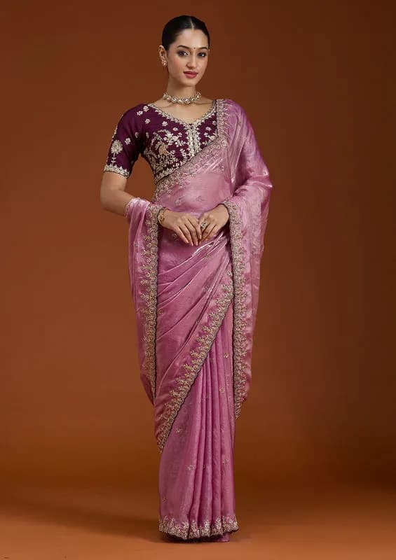 Onion Pink Tissue Sequins Saree With Matching Blouse Piece thumbnail 5