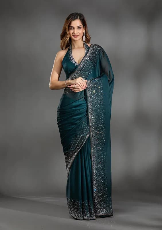 Teal Green Chiffon Gold Stonework Saree With Matching Blouse Piece thumbnail 2