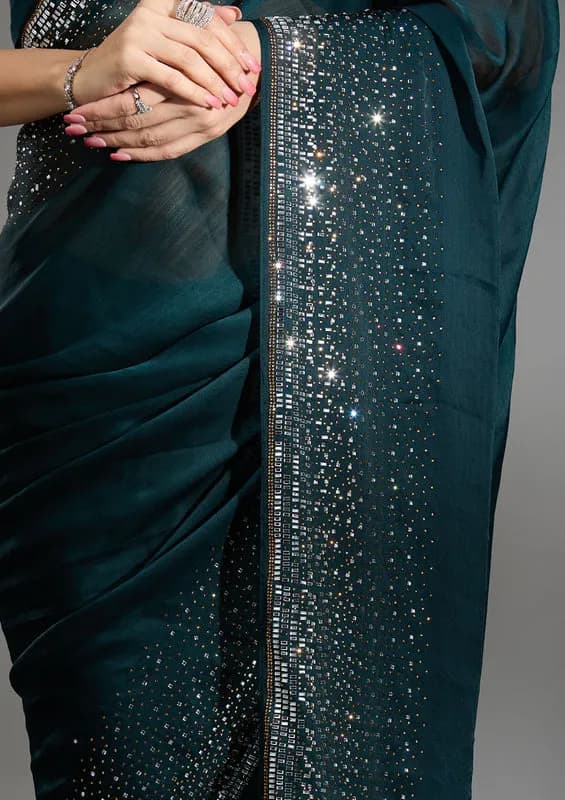 Teal Green Chiffon Gold Stonework Saree With Matching Blouse Piece thumbnail 3