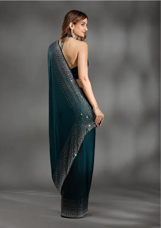 Teal Green Chiffon Gold Stonework Saree With Matching Blouse Piece thumbnail 4