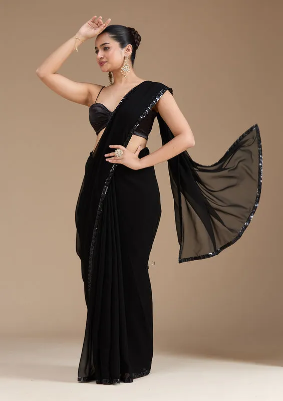 Black Georgette Sequins Saree With Matching Blouse Piece thumbnail 2