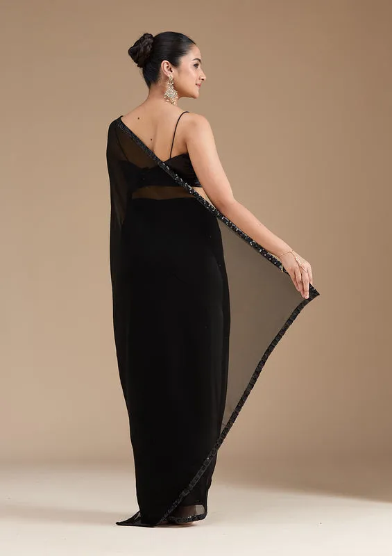 Black Georgette Sequins Saree With Matching Blouse Piece thumbnail 3