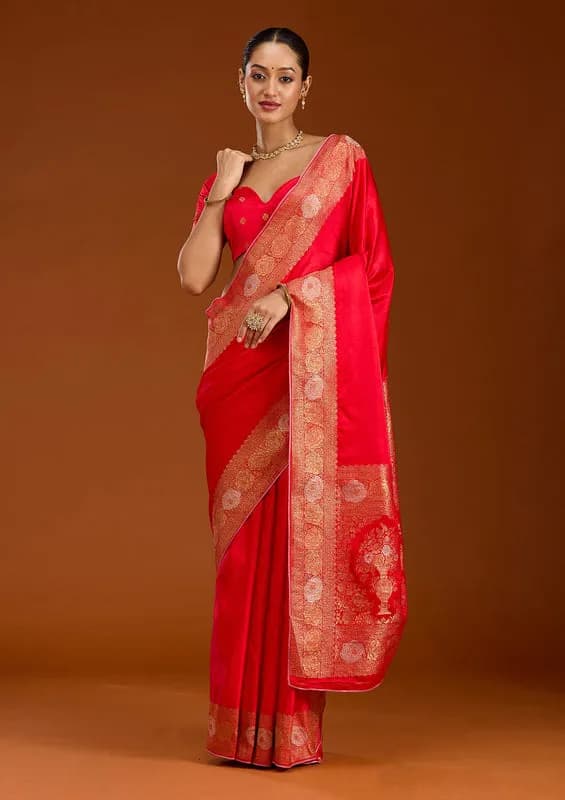 Red Silk Plain Zariwork Saree With Matching Blouse Piece thumbnail 2