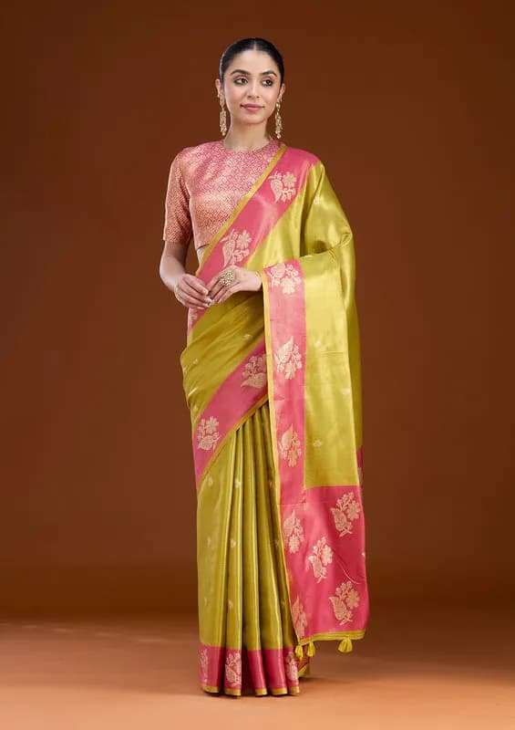 Pista Green Silk Buti Gold Zariwork Saree With Matching Blouse Piece thumbnail 2