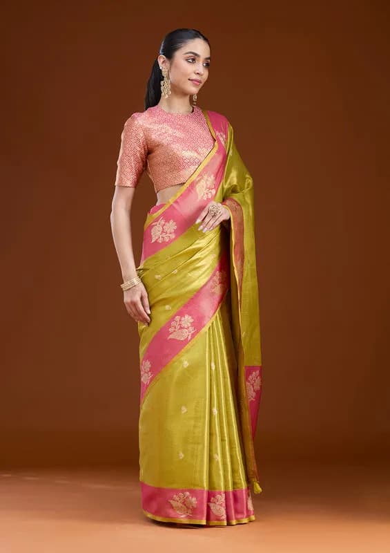 Pista Green Silk Buti Gold Zariwork Saree With Matching Blouse Piece thumbnail 3