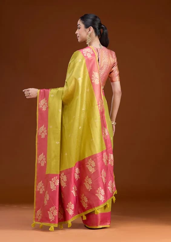 Pista Green Silk Buti Gold Zariwork Saree With Matching Blouse Piece thumbnail 4