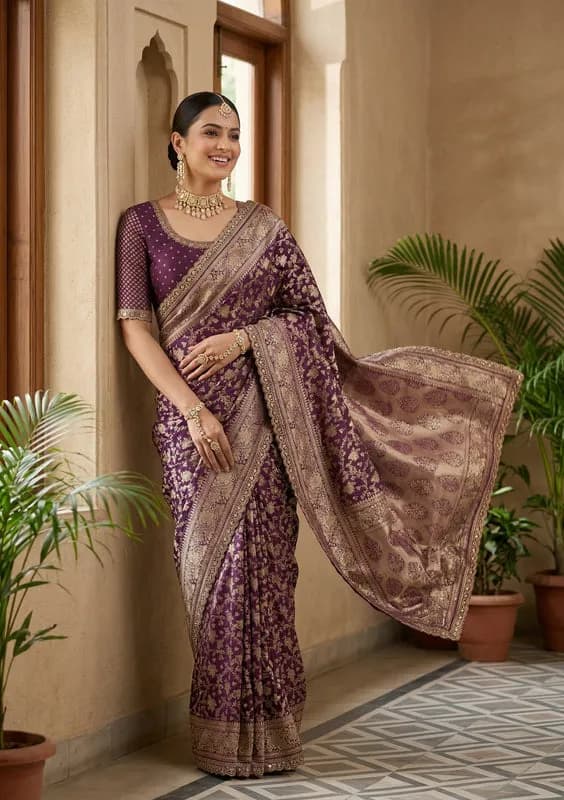 Wine Silk Jaal Sequins Saree With Matching Blouse Piece thumbnail 2