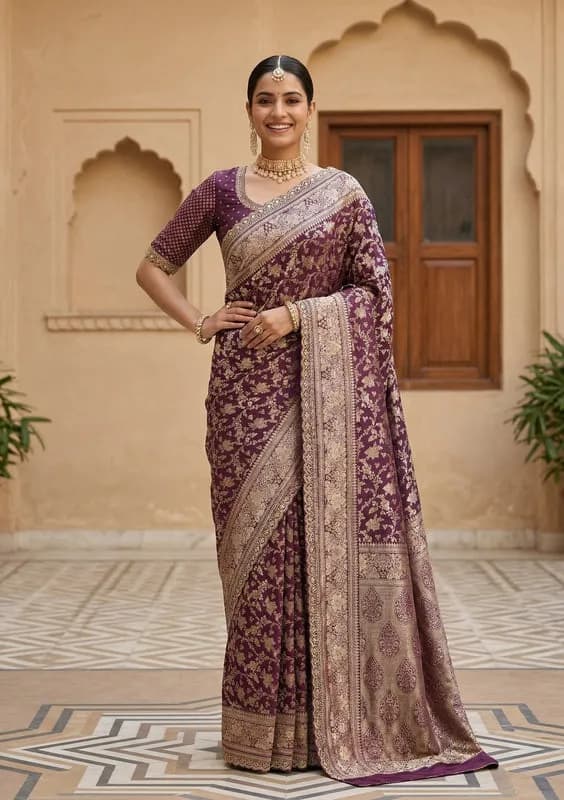 Wine Silk Jaal Sequins Saree With Matching Blouse Piece thumbnail 3