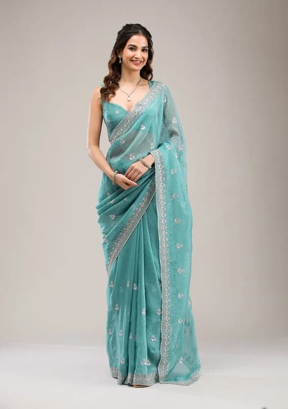 Sea Green Tissue Silver Zariwork Saree With Matching Blouse Piece thumbnail 3