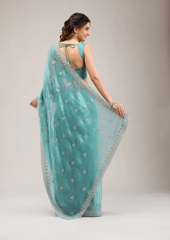 Sea Green Tissue Silver Zariwork Saree With Matching Blouse Piece thumbnail 5