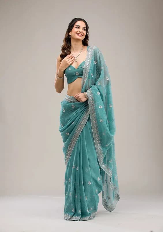 Sea Green Tissue Silver Zariwork Saree With Matching Blouse Piece thumbnail 4