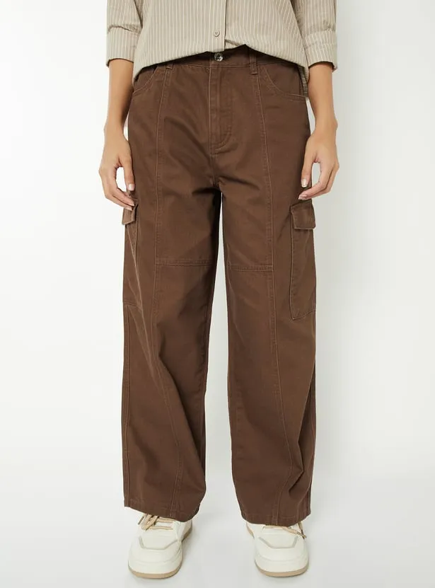 Women Solid Wide Leg High-Rise Cargo Jeans thumbnail 3