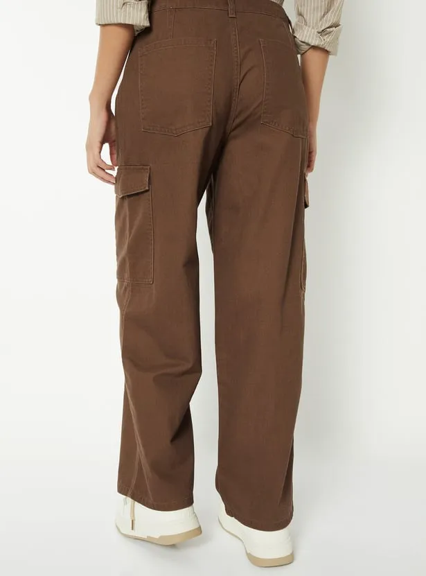 Women Solid Wide Leg High-Rise Cargo Jeans thumbnail 5