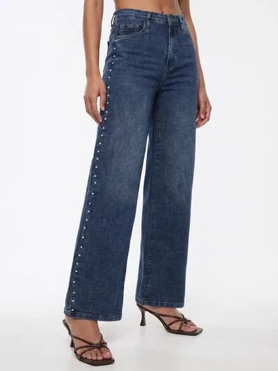 Blue High-Rise Pearl Wide Leg Jeans thumbnail 3