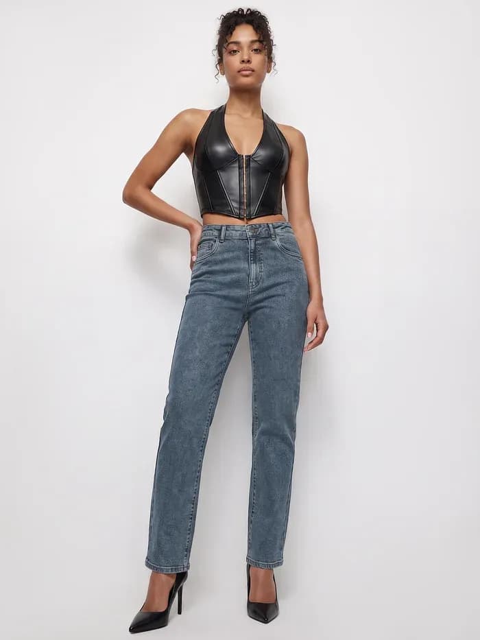 Blue High-Rise Slim Straight Fit Jeans thumbnail 4