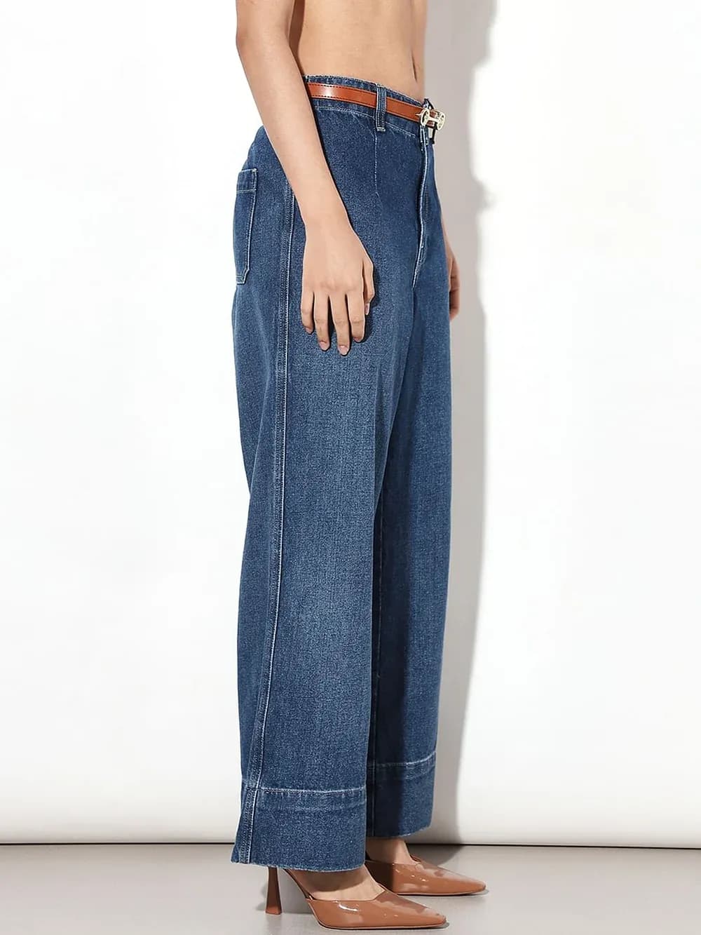 Dark Blue Curved Hem Wide Leg Jeans thumbnail 2