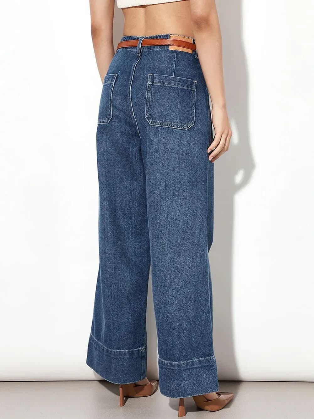 Dark Blue Curved Hem Wide Leg Jeans thumbnail 3