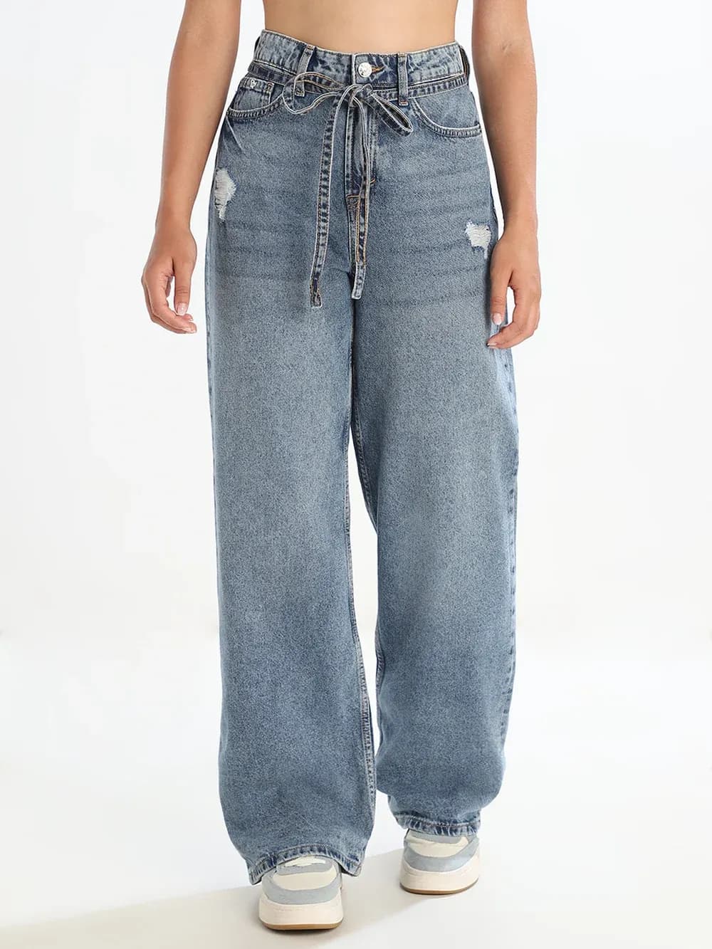 Distressed Drawstring Wide Leg Jeans thumbnail 2